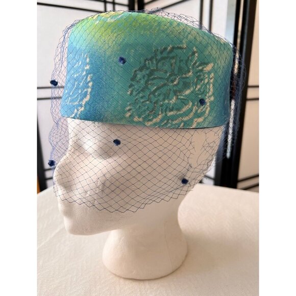 Cloche 1960s Hat Blue Green Threads 3 Depth 21 to 22 " Circumference - Picture 2 of 9